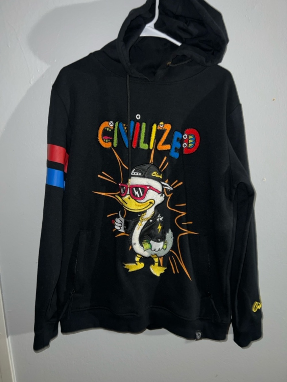 Black Graphic Crewneck Hoodie - Duck Patch Design